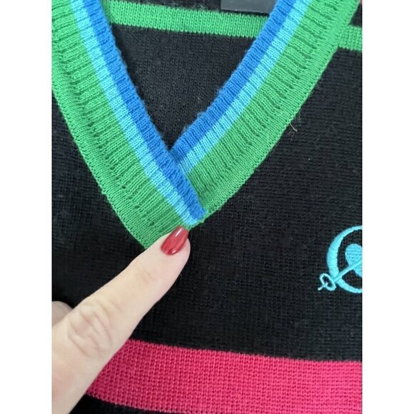 Obermeyer Womans Sz S Black Pink Blue Striped V Neck Wool Blend Pullover Sweater - Picture 6 of 8